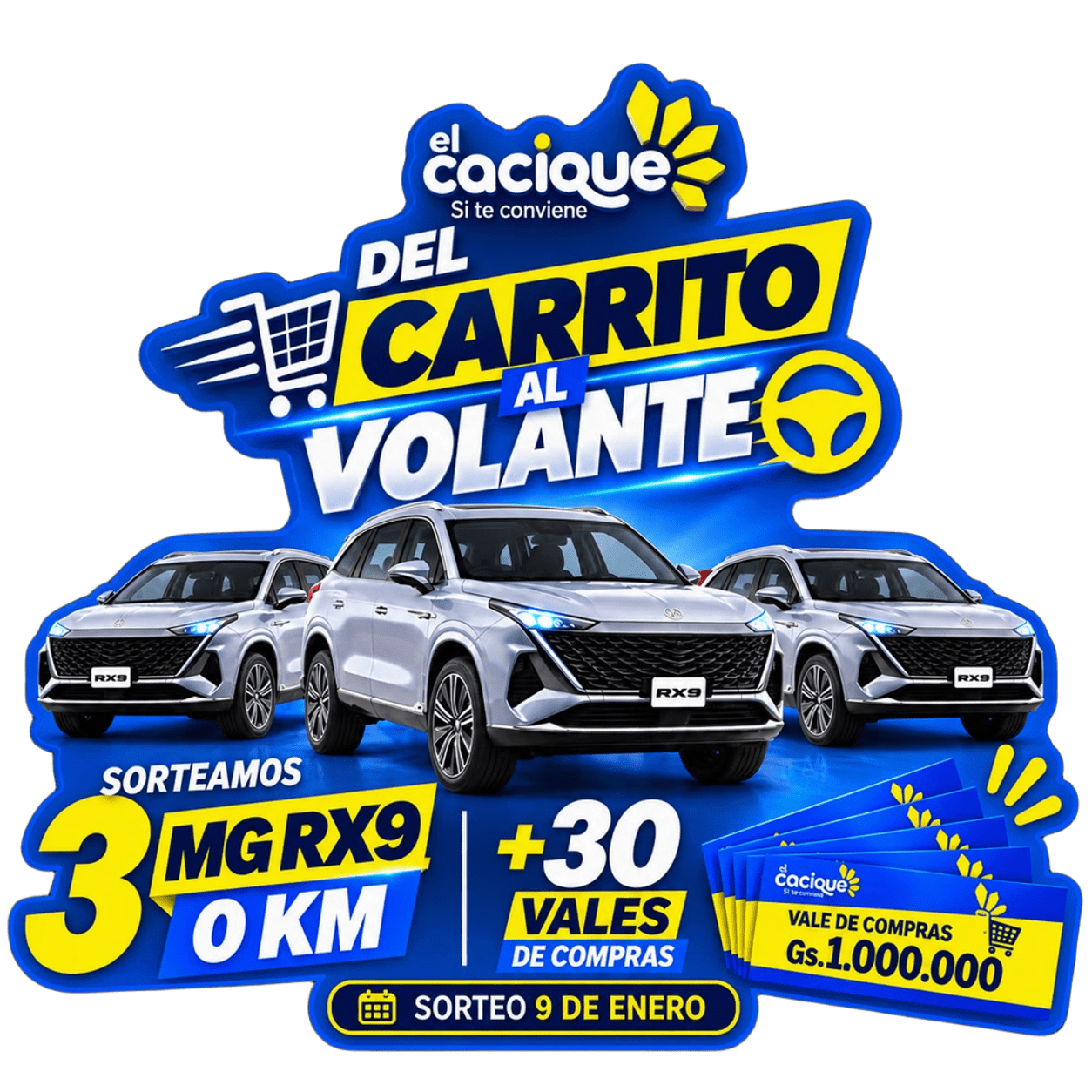 Del carrito al volante: 3 MG RX9 0km y 30 vales de compras